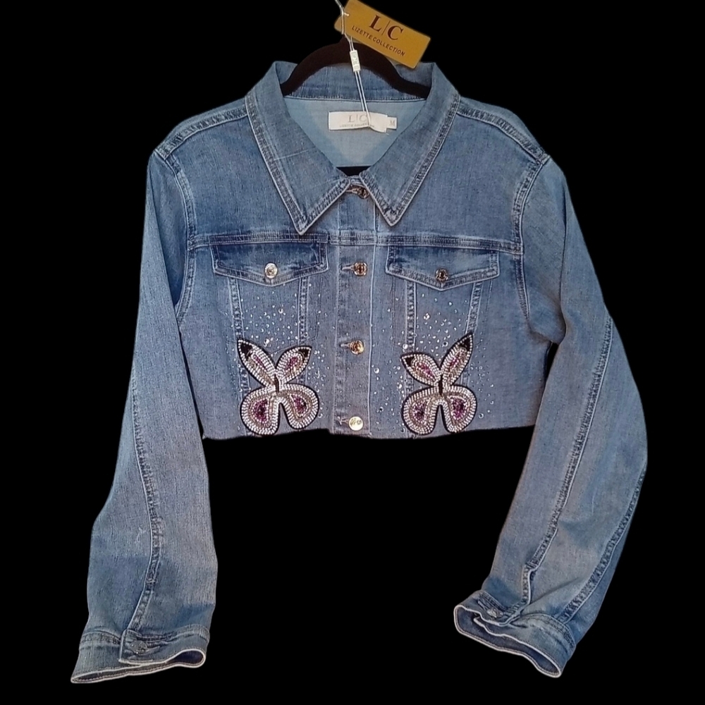 Lizette Collection Embellished Cropped Long Sleeve Denim Jacket Women Medium - Picture 5 of 12